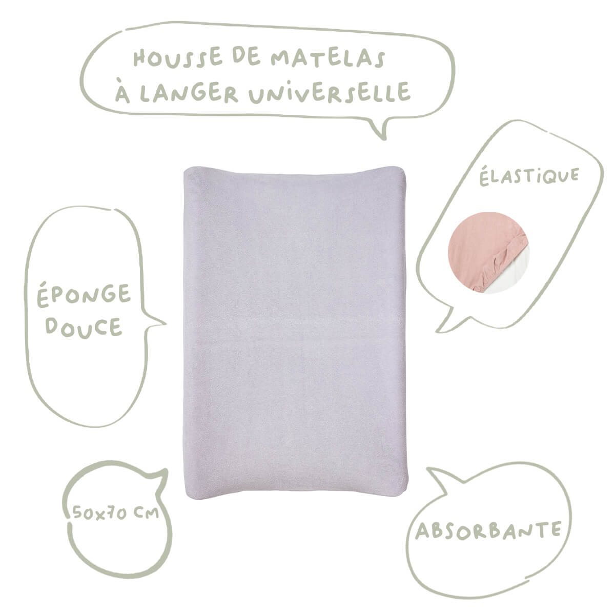Housse pour matelas à langer 50x70 cm en Coton x2 - Écru/Lilas