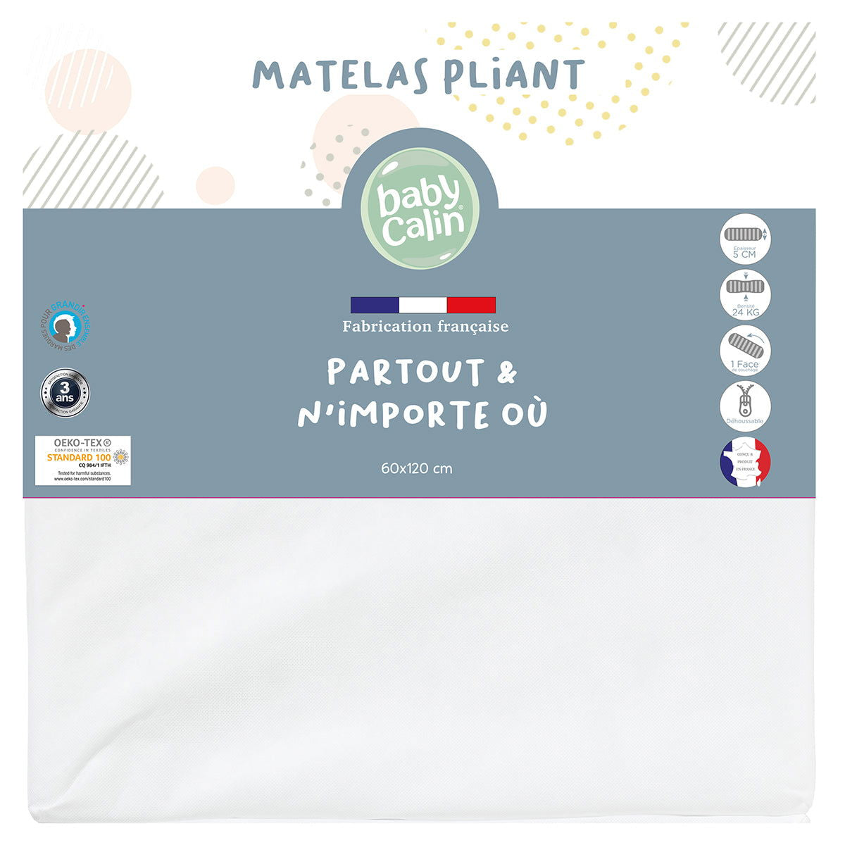 Matelas bébé pliant 24 kg/m3 - 60x120 cm -