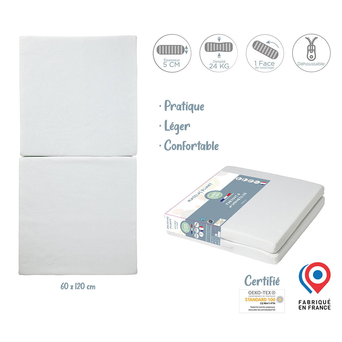 Matelas bébé pliant 24 kg/m3 - 60x120 cm -