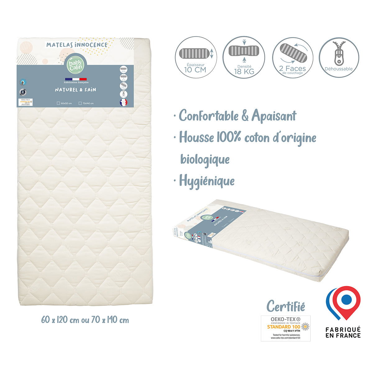 Matelas bébé Innocence Bio 70x140cm - 18 kg/m3 -