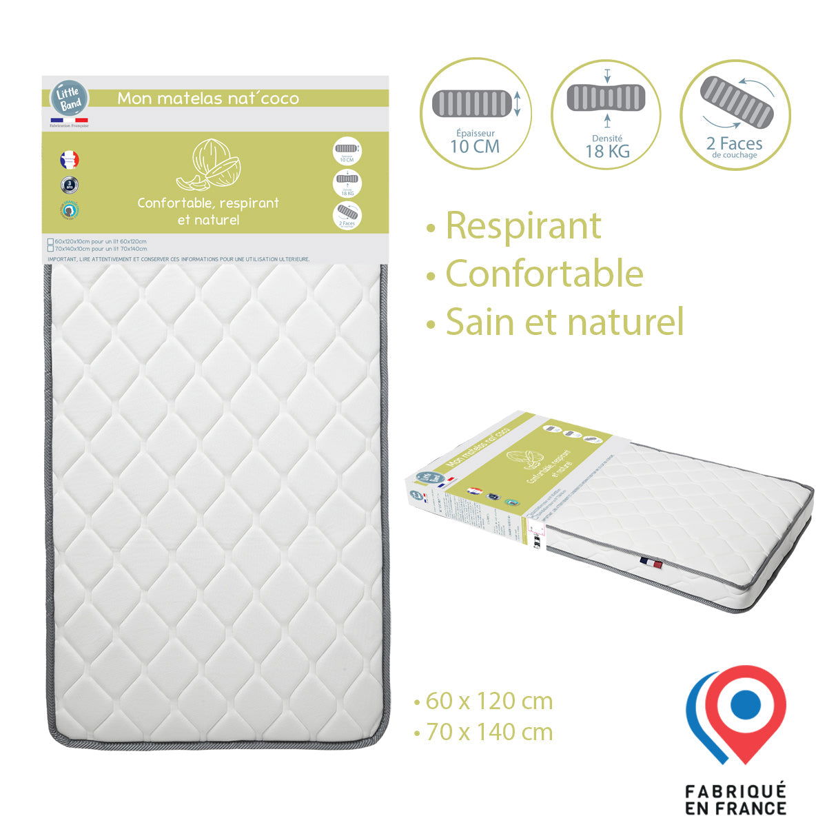 Matelas Nat'Coco 70x140 cm - 18kg/m3 -