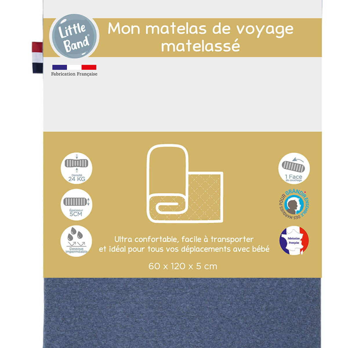 Matelas de voyage roulé 60x120 cm - 24kg/m3 - Indigo -