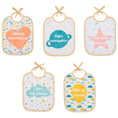 Lot de 5 bavoirs bébé Naissance 20x25 cm en Coton Message Famille