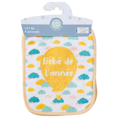Lot de 5 bavoirs bébé Naissance 20x25 cm en Coton Message Famille