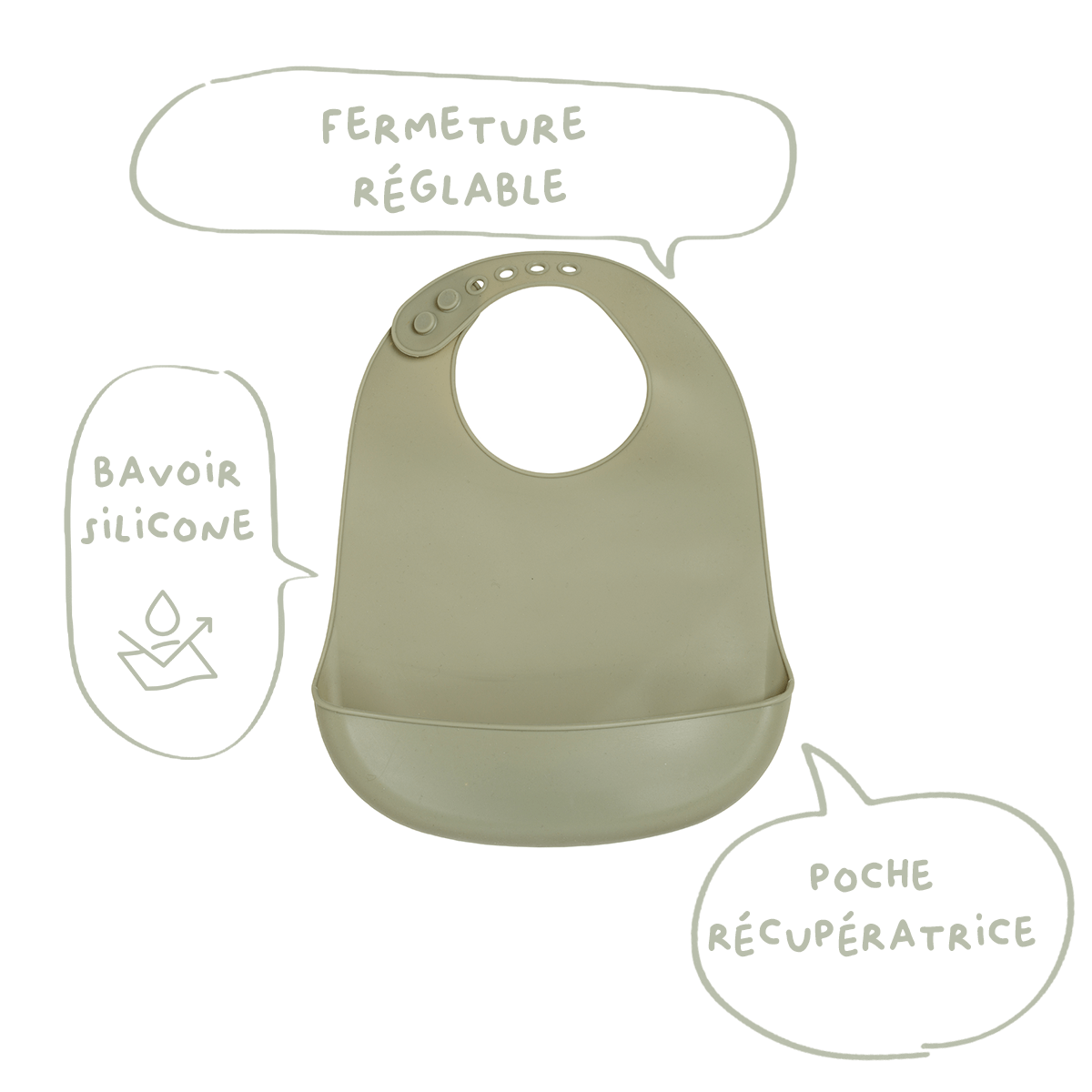 Bavoir bébé 21x30 cm - Bavoir silicone 6 mois - Kaki