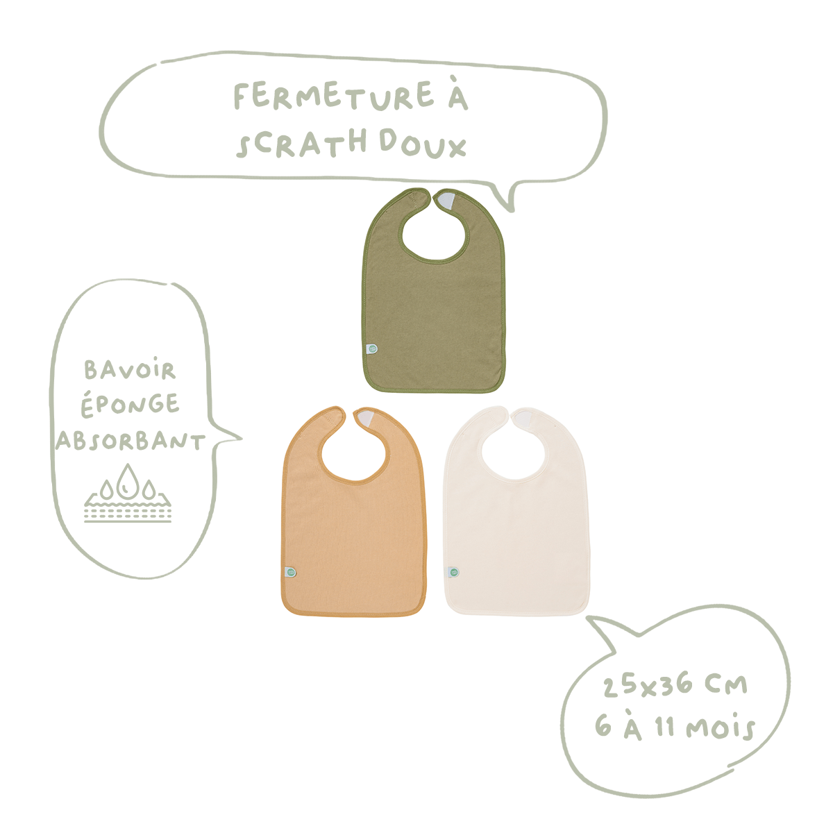 3 bavoirs bébé 25x36 cm éponge - Bavoir 6 mois à scratch - Les Colorés