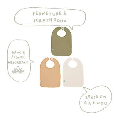 3 bavoirs bébé 25x36 cm éponge - Bavoir 6 mois à scratch - Les Colorés