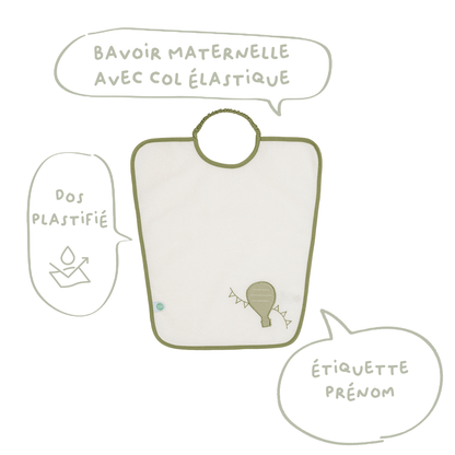Bavoir maternelle 35x38 cm éponge avec étiquette prénom - Bavoir 24 mois - Montgolfière/Nuage