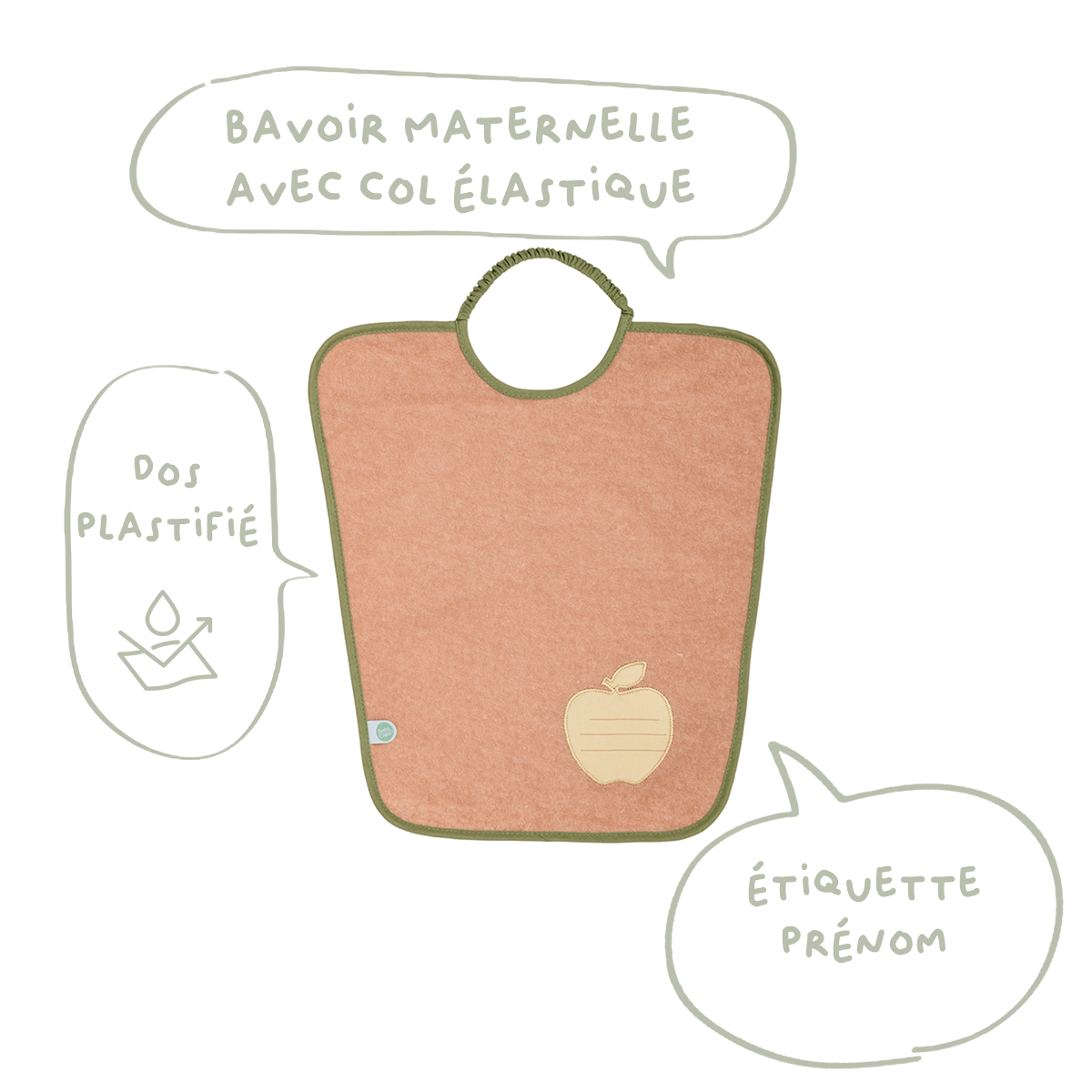 Bavoir maternelle 35x38 cm éponge avec étiquette prénom - Bavoir 24 mois - Poire/Pomme