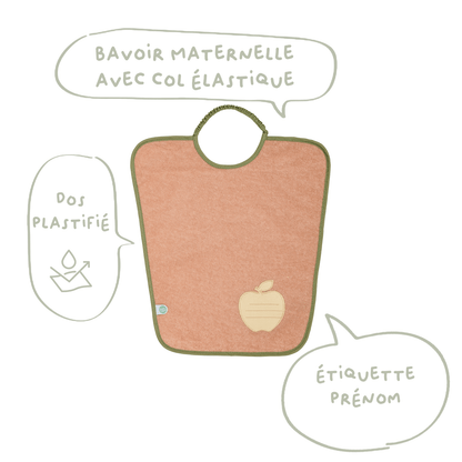 Bavoir maternelle 35x38 cm éponge avec étiquette prénom - Bavoir 24 mois - Poire/Pomme