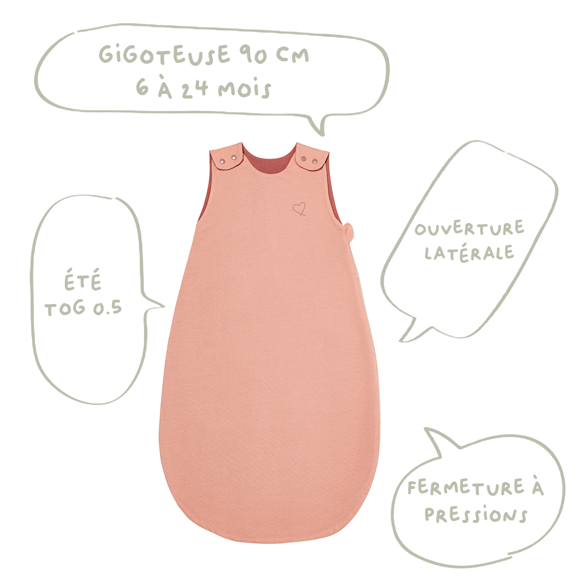 Gigoteuse été 6-24 mois 90 cm - Gigoteuse Tog 0,5 pour bébé - Rosée Cœur