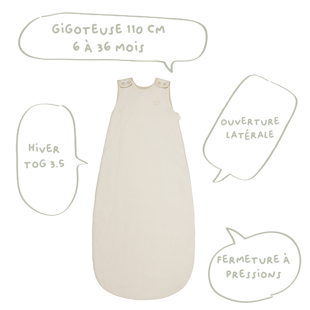 Gigoteuse hiver 6-36 mois 110 cm - Gigoteuse Tog 3,5 pour bébé - Sable Ourson