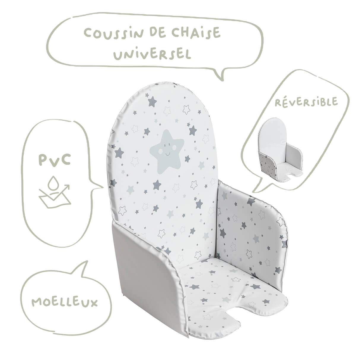 Coussin pour chaise haute 28x38 cm en PVC  Étoiles Grises