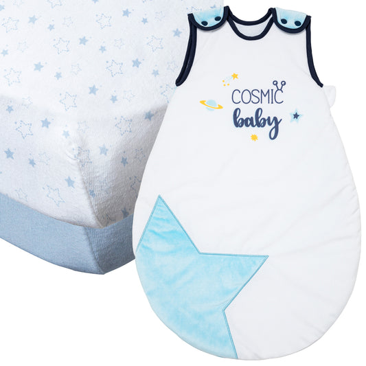 BB Kit - Sommeil naissance gigoteuse et draps housse bébé Cosmic Etoiles Bleues