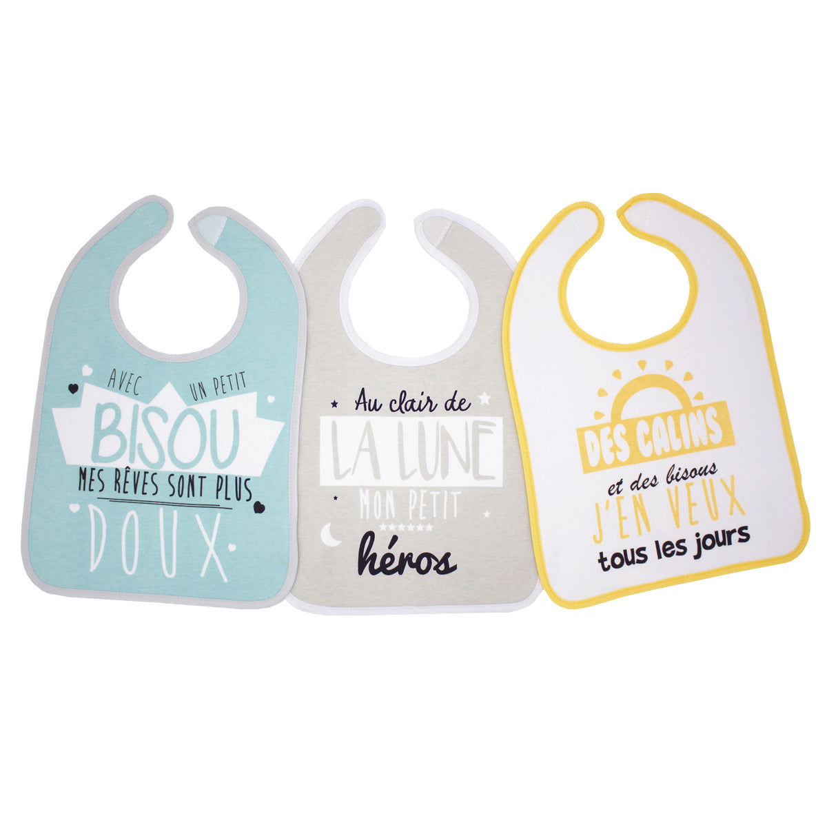 Lot de 3 bavoirs 1er age Bisous/Lune/Câlin 6+ - Babycalin