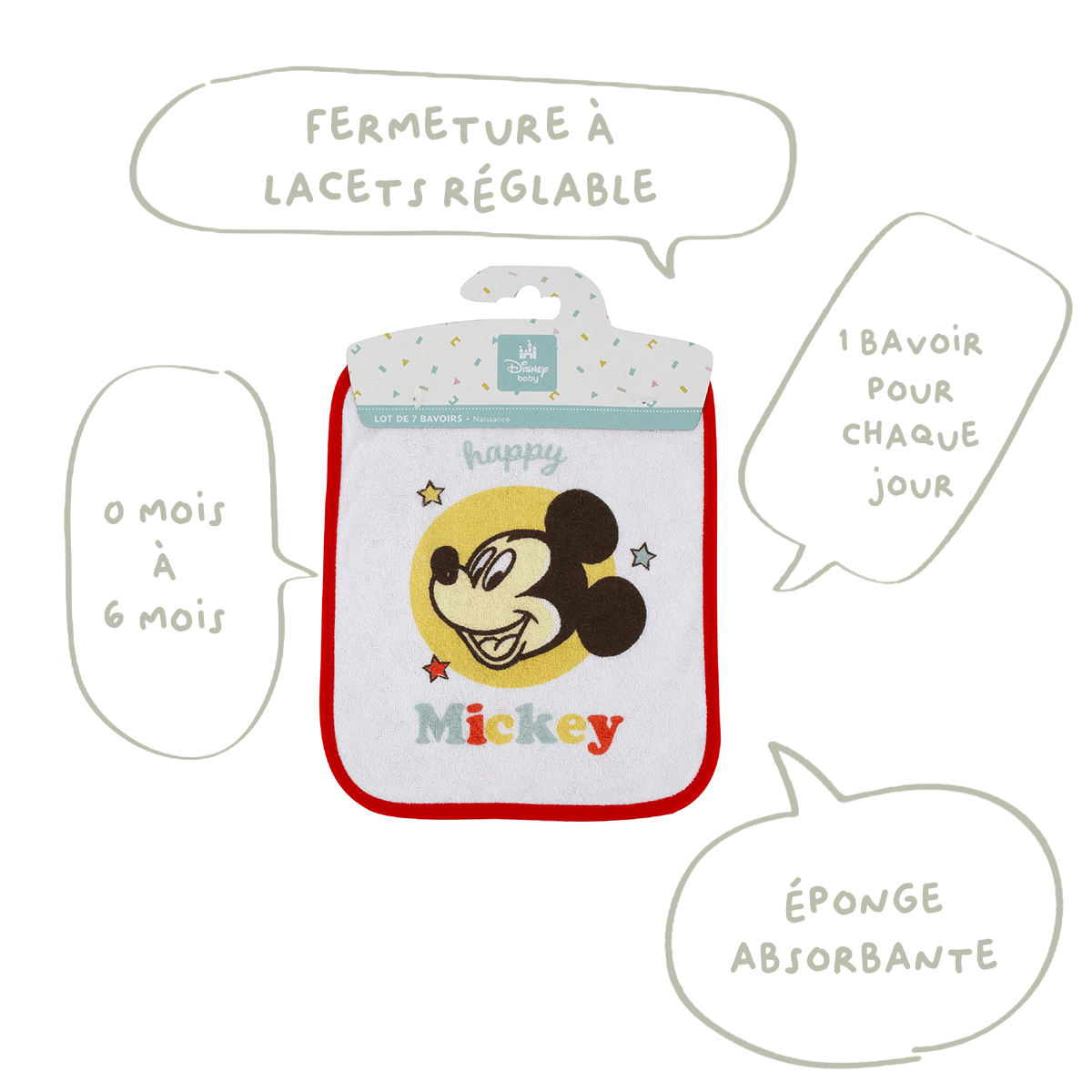 7 Bavoirs bébé Naissance 20x25 cm en éponge Happy Mickey