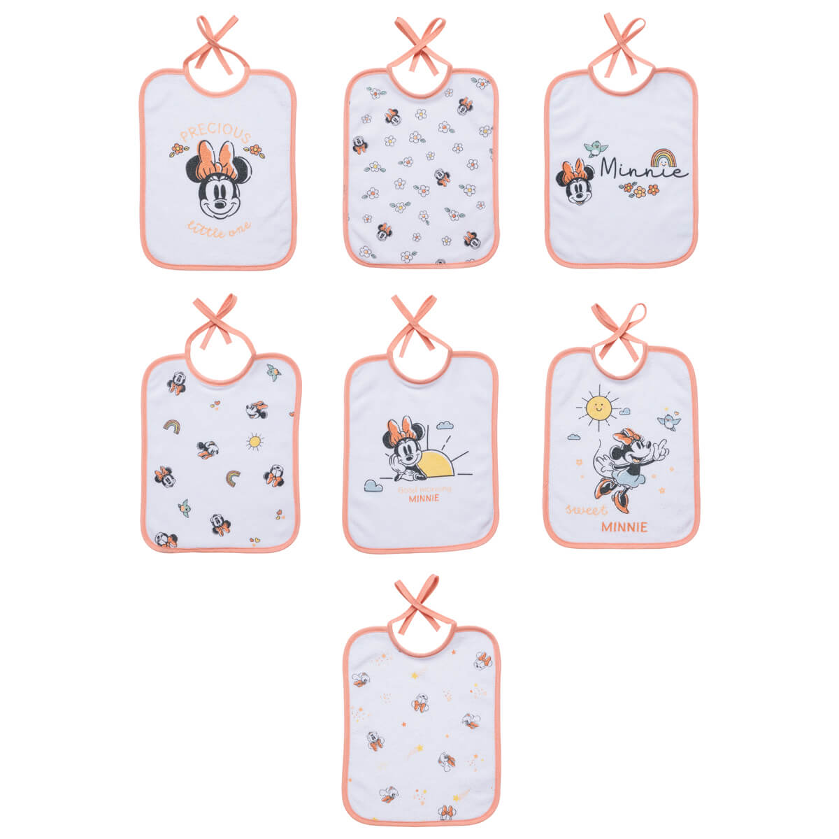 Lots de 7 bavoirs bébé Naissance 20x25 cm en Coton Minnie Good Morning