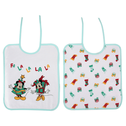 2 bavoirs bébé 6 mois Noël Mickey&Minnie Jingle All The Way - Bavoir en éponge à lacets 28x38 cm