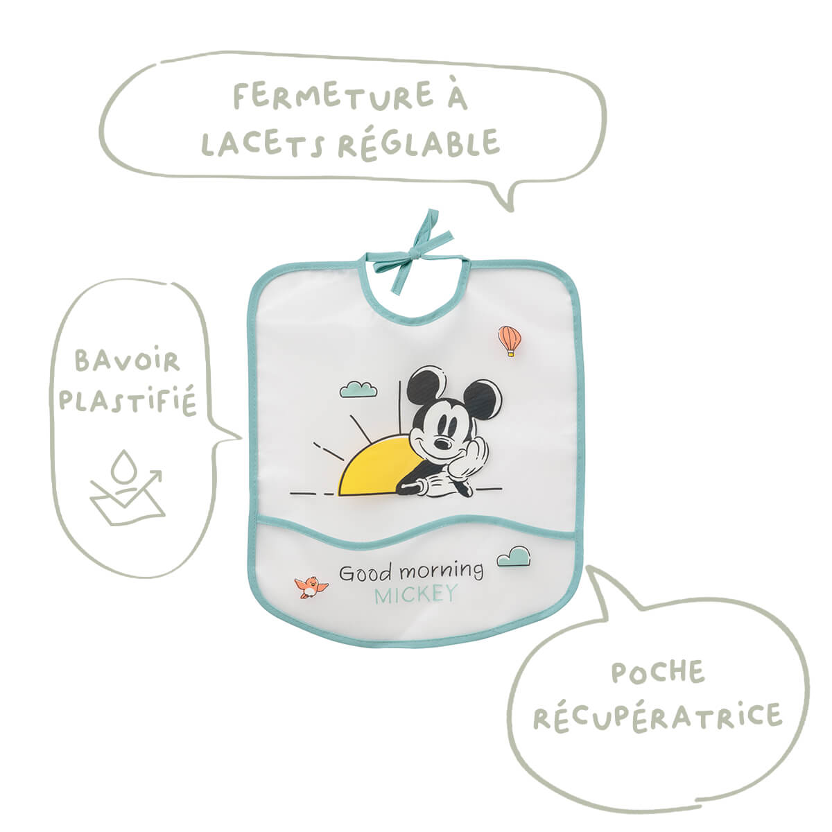 Bavoir bébé 6 mois 28x32 cm plastifié Mickey Good Morning