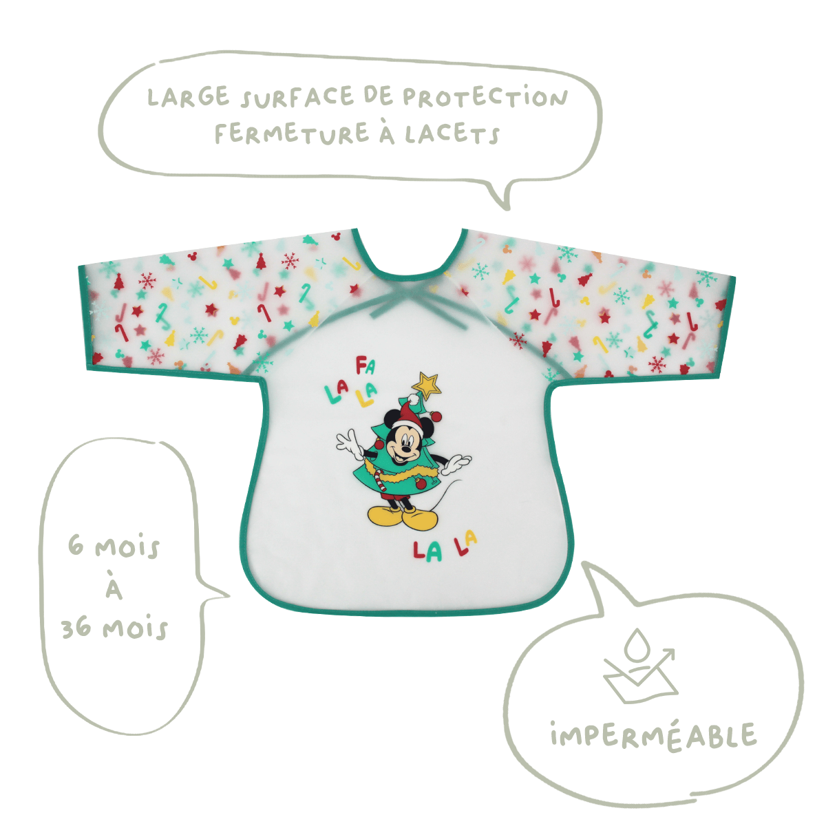 Bavoir manches longues 12 mois Noël Mickey Jingle All The Way - Bavoir tablier 37x42 cm