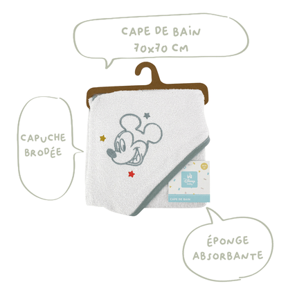 Cape de bain bébé Happy Mickey - Sortie de bain bébé 70x70 cm
