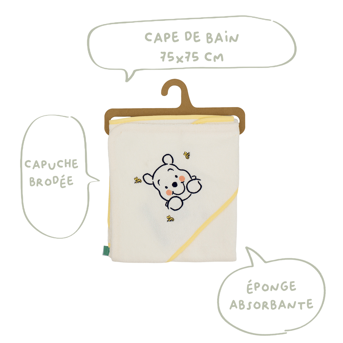 Cape de bain bébé Winnie Hunny Time - Sortie de bain bébé 75x75 cm