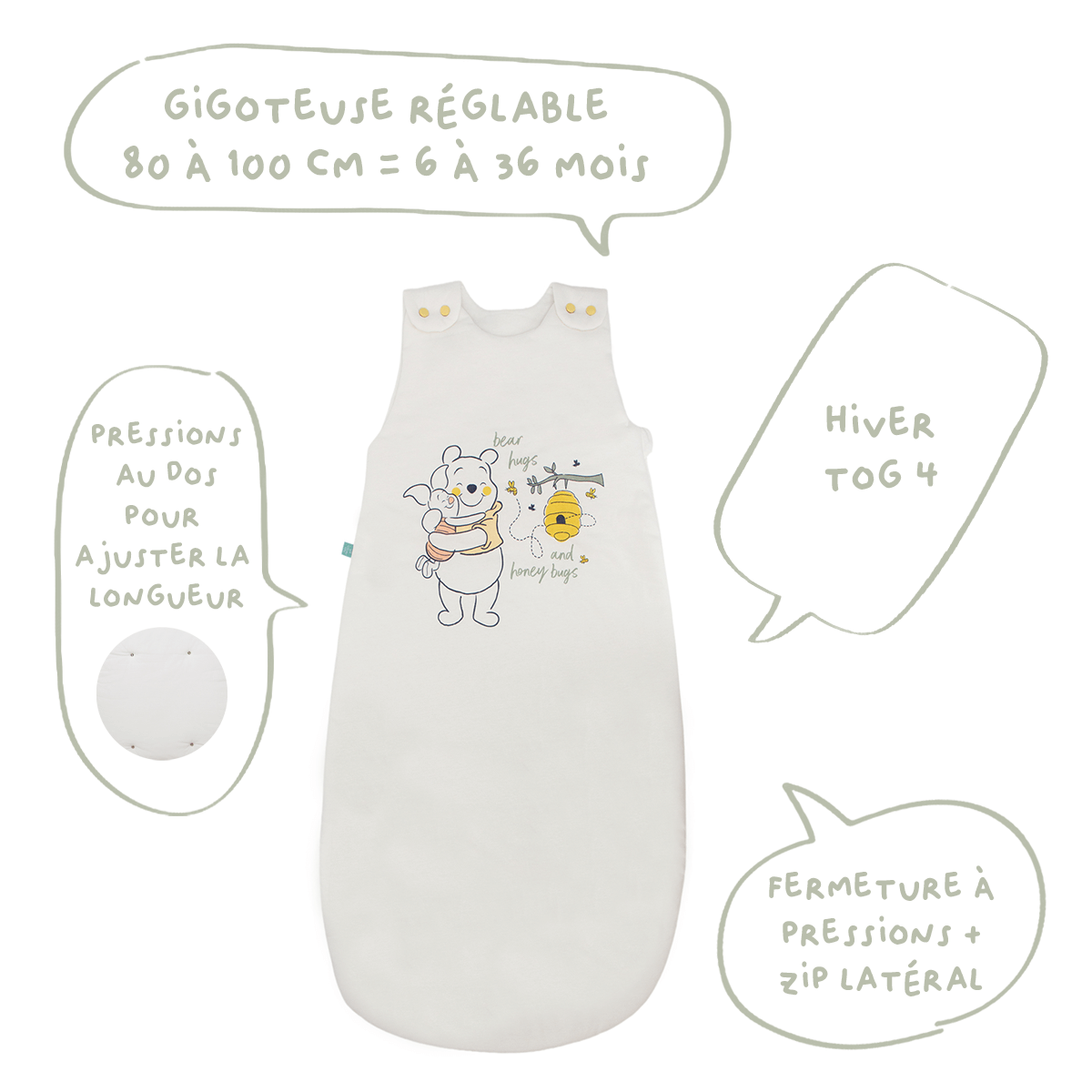Gigoteuse 6-36 mois hiver 100 cm - Gigoteuse TOG 3.5 en coton - Winnie Hunny Time