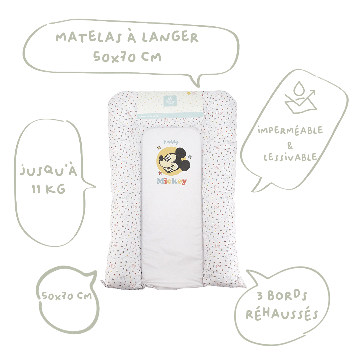 Matelas à langer bébé Flocons Happy Mickey - Matelas à langer pour bébé 50x70 cm