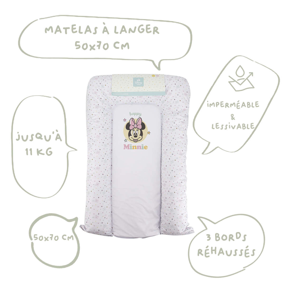 Matelas à langer bébé Flocons Happy Minnie - Matelas à langer pour bébé 50x70 cm