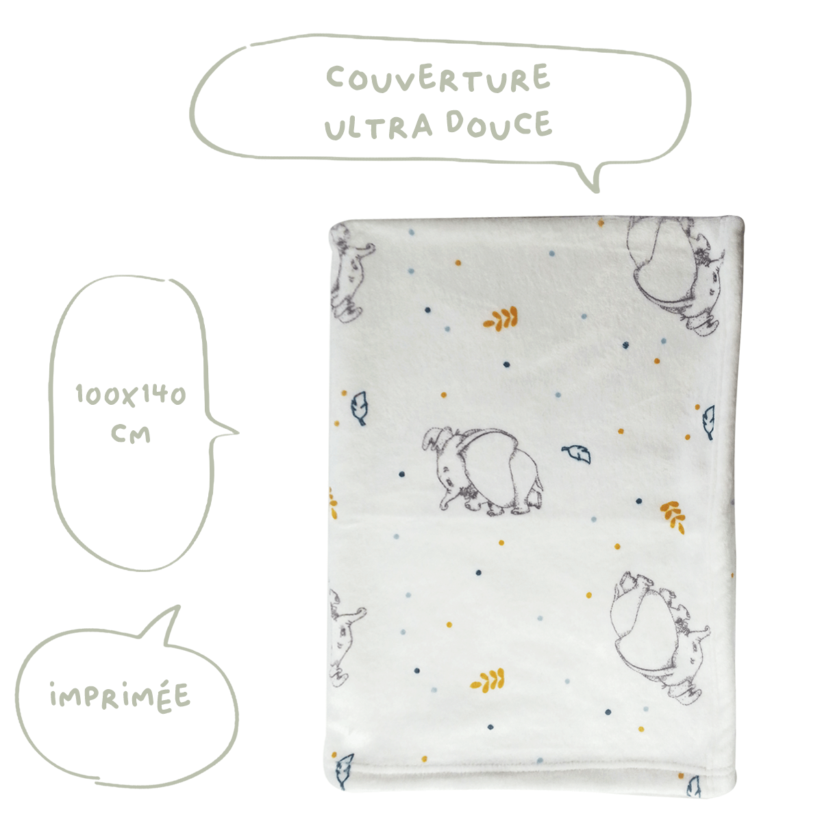 Couverture bébé en flanelle ultra douce 100x140 cm - Dumbo Animals