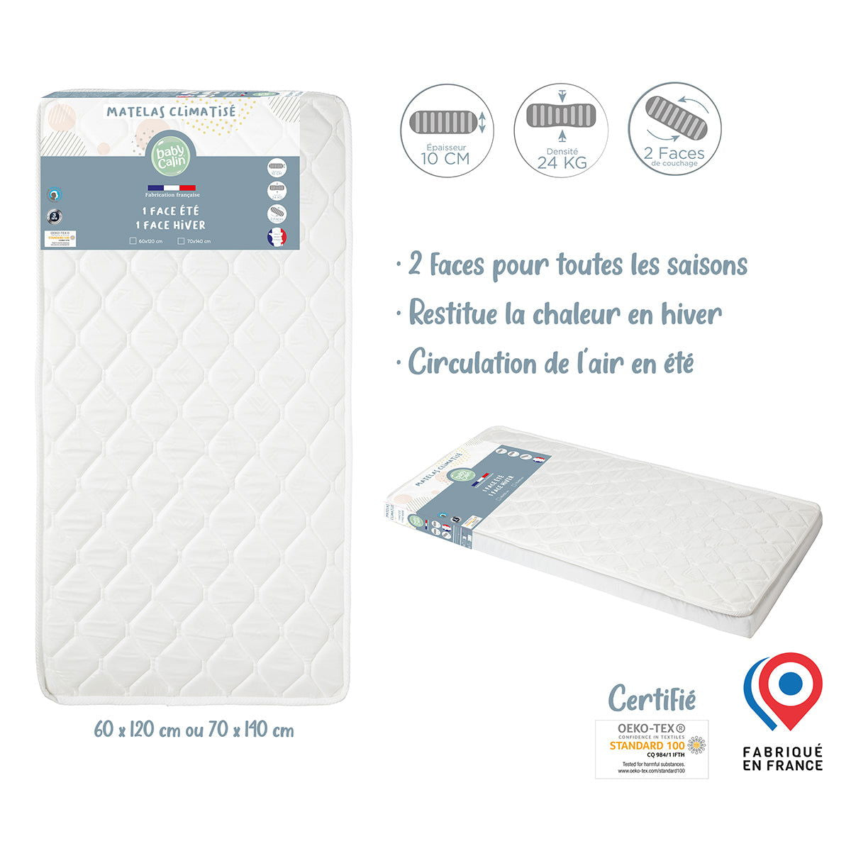 Matelas bébé Climatisé Été / Hiver - 70x140 cm - 