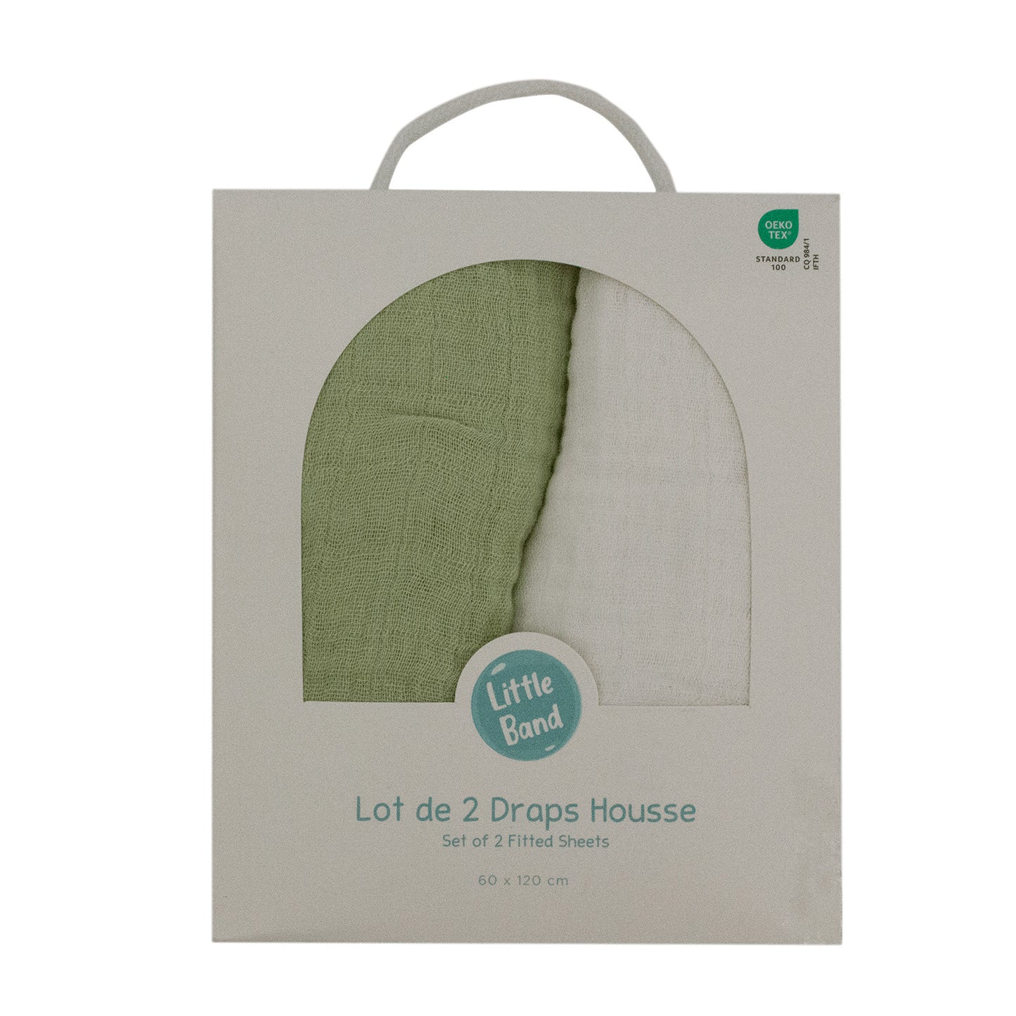 Drap-housse 60x120 cm x2 pcs en Gaze de Coton Écru/Vert Mousse