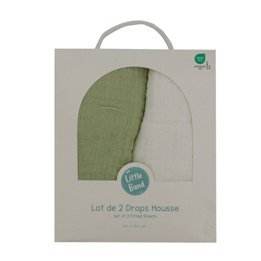 Drap-housse 70x140 cm x2 pcs en Gaze de Coton Écru/Vert Mousse