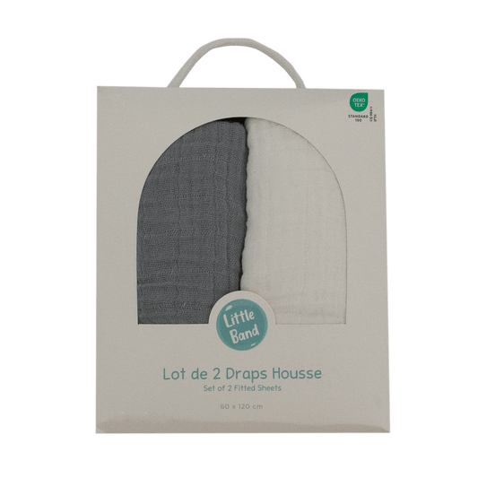 Drap-housse 60x120 cm x2 pcs Blanc / Gris - draps housse bébé en Gaze de coton