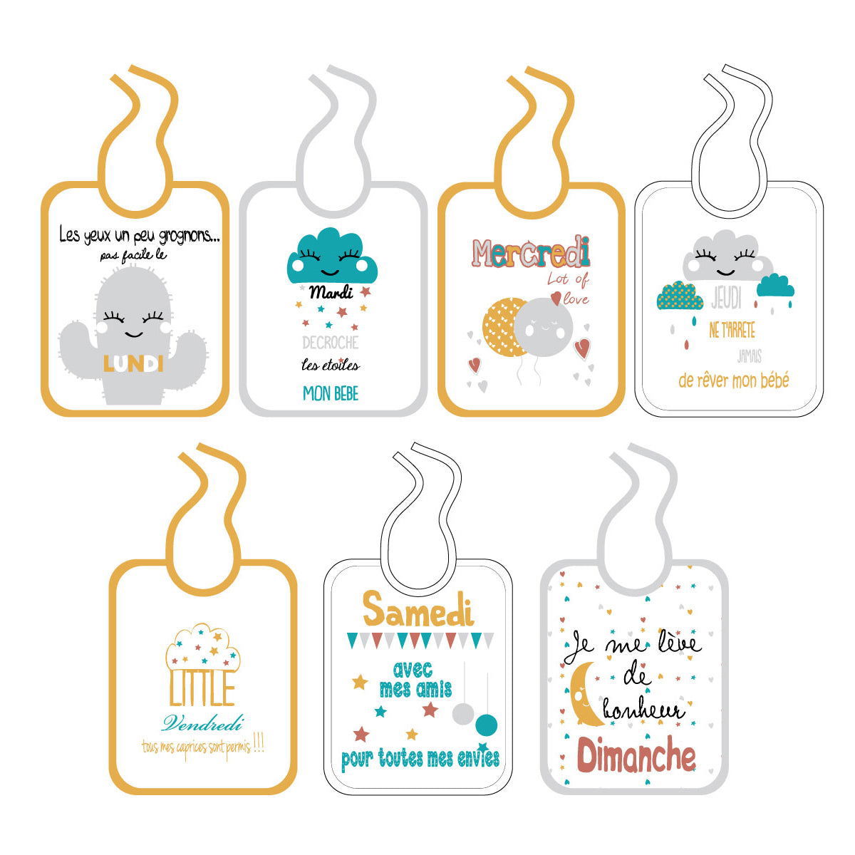 Lot de 7 bavoirs naissance semainiers - BB Malin