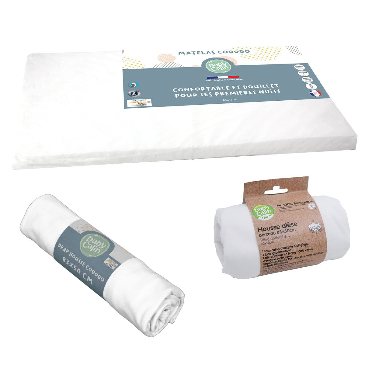 Matelas berceau Cododo + Alèse + Drap housse bio blanc - Babycalin