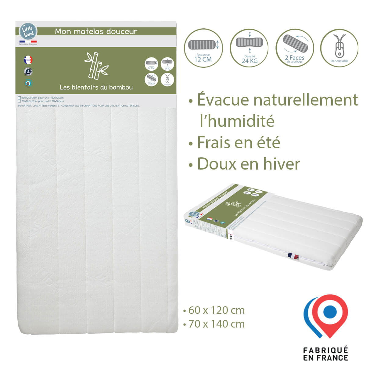 Matelas lit Douceur 24kg/m3 - 70x140 cm - BB Malin