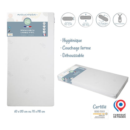 Matelas lit Hygiène Plus déhoussable - 70x140 cm - 