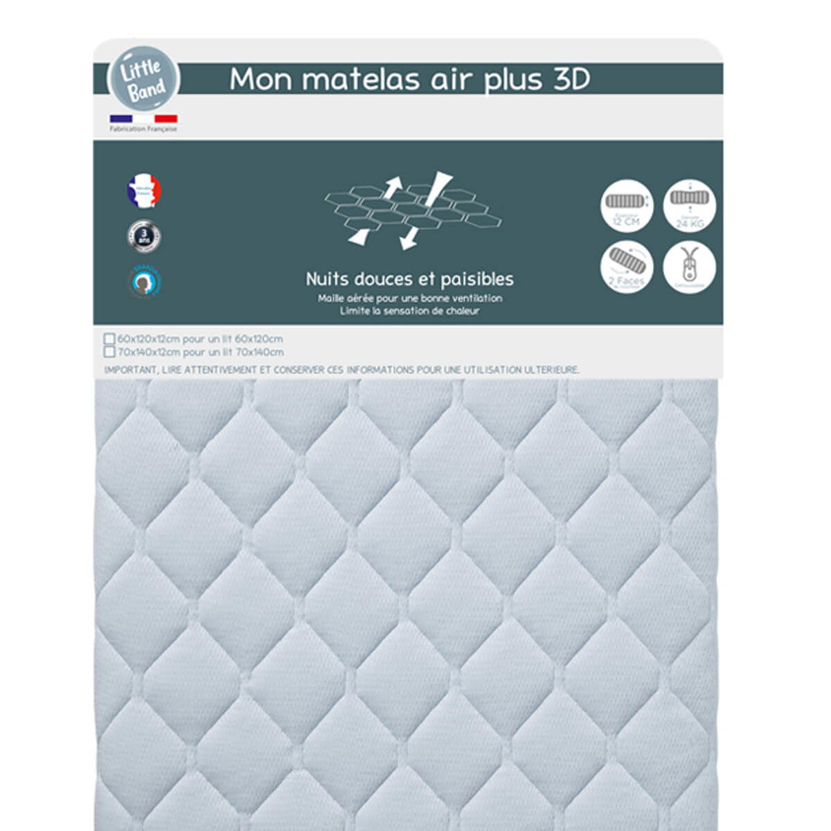 Matelas lit Air'Plus 3D 60x120 cm - 24kg/m3 - Little Band