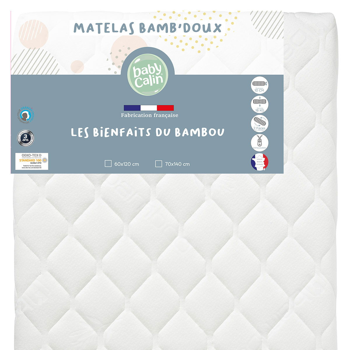 Matelas lit Bamb'Doux déhoussable 60x120 cm - 24kg/m3 - 