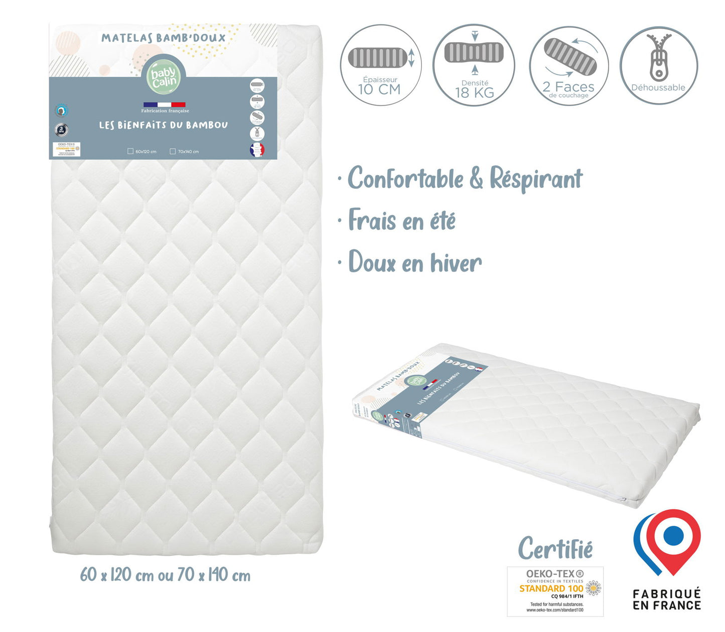 Matelas lit Bamb'Doux déhoussable 60x120 cm - 24kg/m3 - 