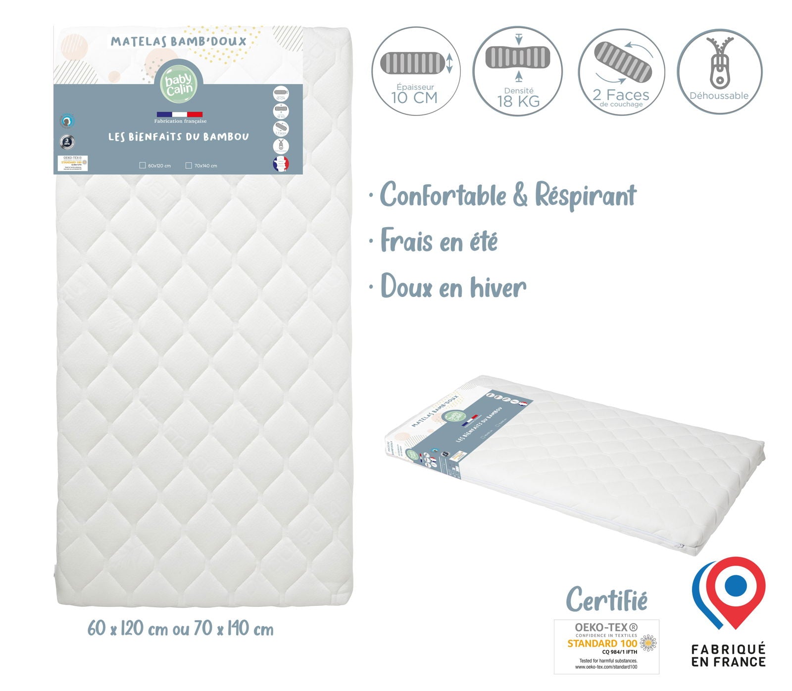 Matelas lit Bamb'Doux déhoussable 60x120 cm - 24kg/m3 - 