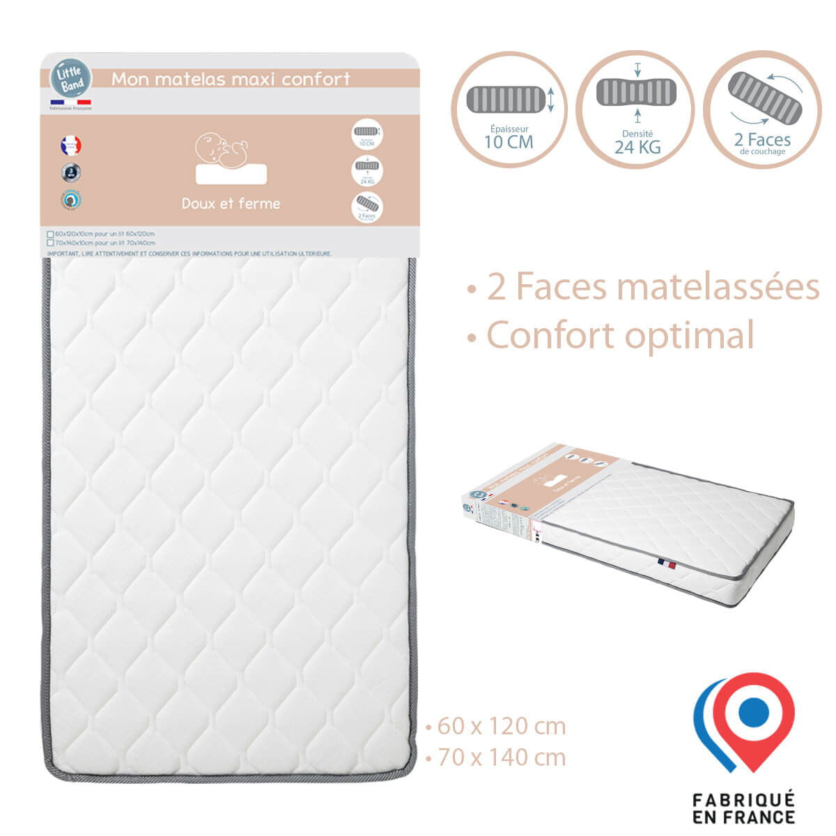 Matelas lit Maxi Confort 24kg/m3 - 70x140 cm - 