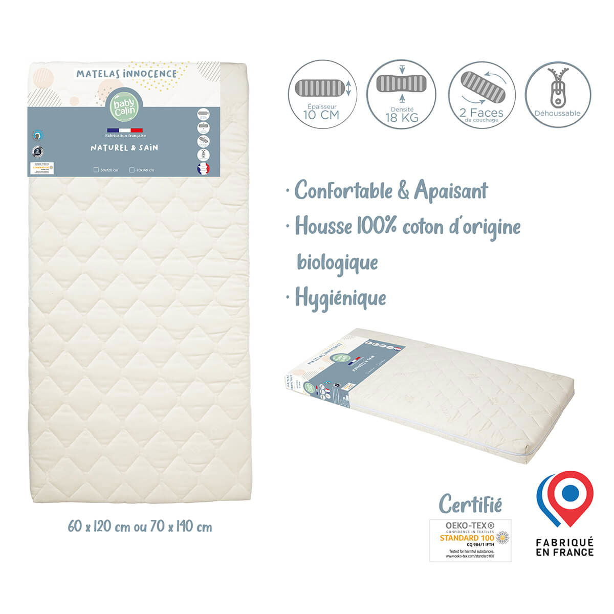 Matelas bébé Innocence Bio 18 kg/m3 60x120 cm - 