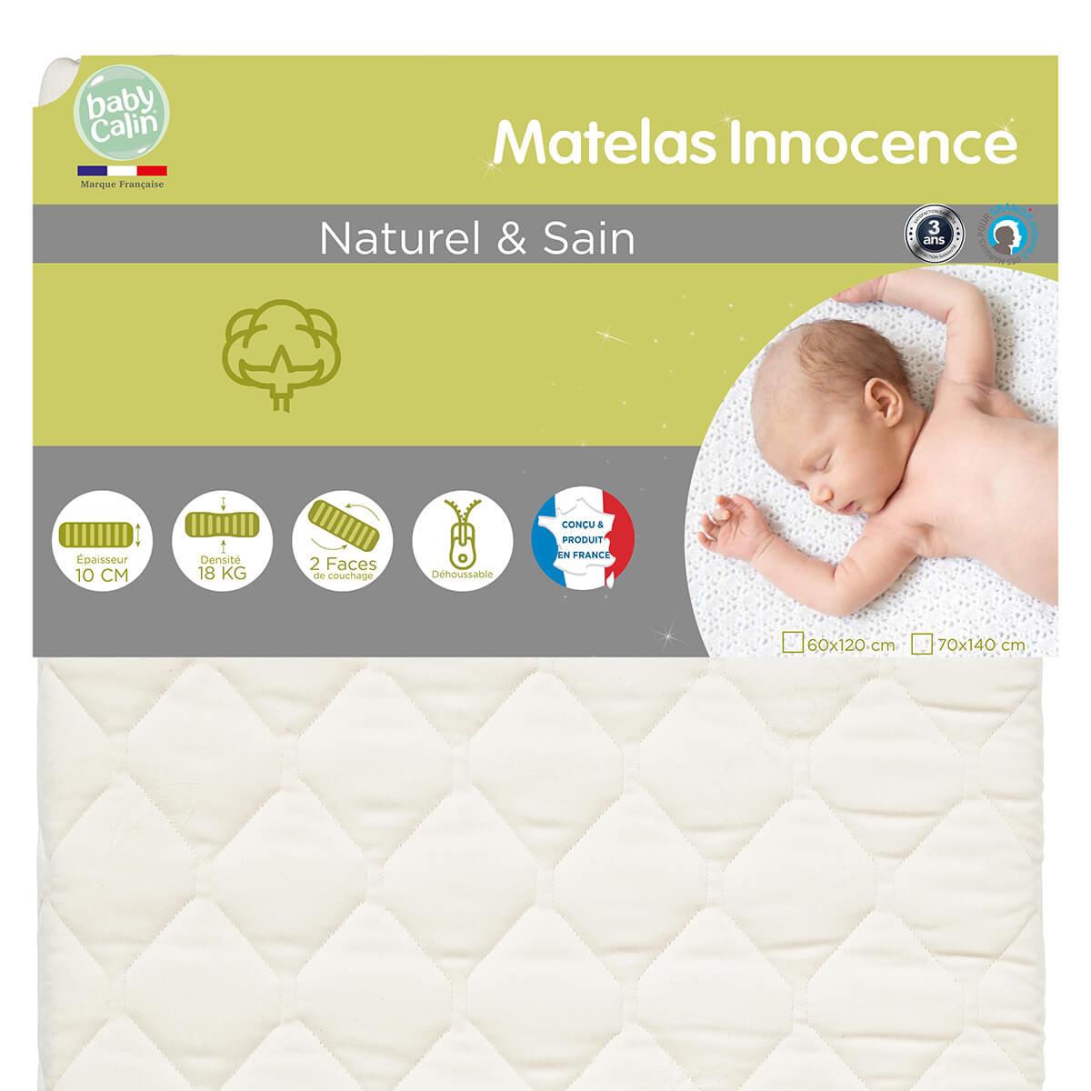 Matelas bébé Innocence Bio 70x140cm - 18 kg/m3 Babycalin Bio - BB Malin